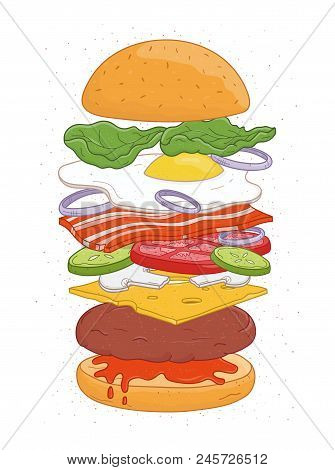 Tasty Hamburger With Layers Or Ingredients Isolated On White Background - Buns, Fried Egg, Vegetable