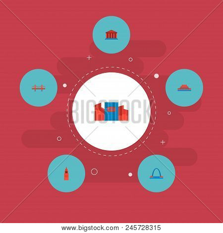 Set Of Monument Icons Flat Style Symbols With Kremlin, Golden Gate, Academy And Other Icons For Your