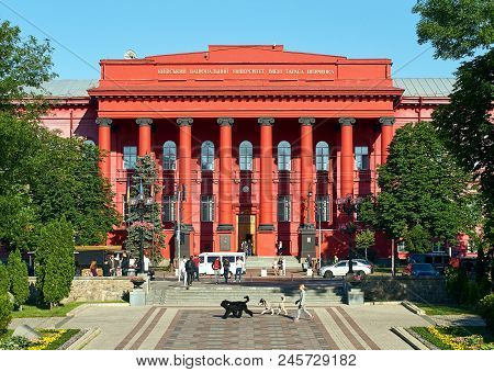 Kyiv, Ukraine - June 8, 2018: Passers By And Students Walking In Front Of The Red University Buildin