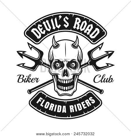 Biker Club Emblem With Devil Skull And Two Crossed Tridents Vector Illustration Isolated On White Ba