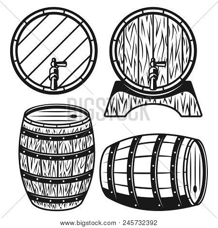 Set Of Wooden Barrels In Four Style Vector Illustration Isolated On White Background