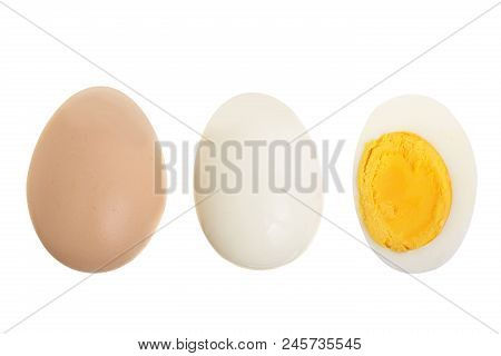 Boiled Egg And Half Isolated On White Background. Top View. Flat Lay.