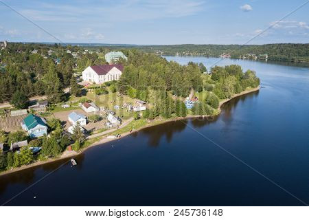 Bird's-eye view of village on the banks Svir river, Nikolsky, Leningrad region, Russia.