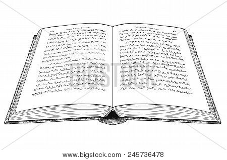 Vector Artistic Pen And Ink Drawing Illustration Of Old Open Book With Undefined Abstract Handwritte