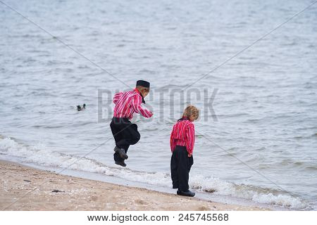 Urk, Netherlands - May 19, 2018: Unknown Boys In Traditional Costumes On The Urkerdays. Urk Is On Of