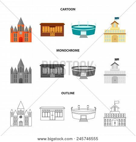 House Of Government, Stadium, Cafe, Church.building Set Collection Icons In Cartoon, Outline, Monoch