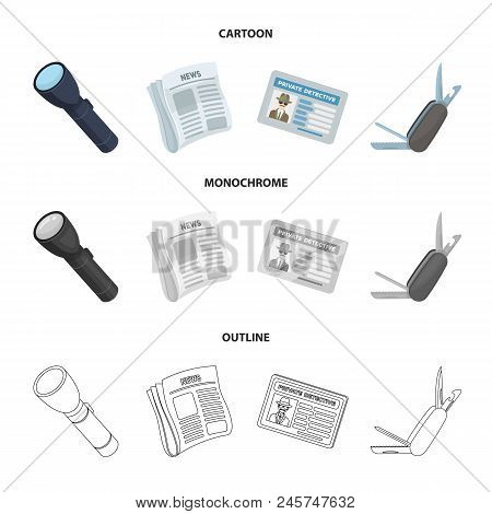 Flashlight, Newspaper With News, Certificate, Folding Knife.detective Set Collection Icons In Cartoo