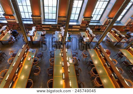 Stockholm, Sweden - Jun 14, 2018: People Reading Books In Silence Of The National Library Of Sweden 