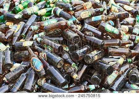 Slavske, Ukraine - May 26, 2018: Empty Glass Beer Bottles Of Local Ukrainian Manufakturers Gathered 
