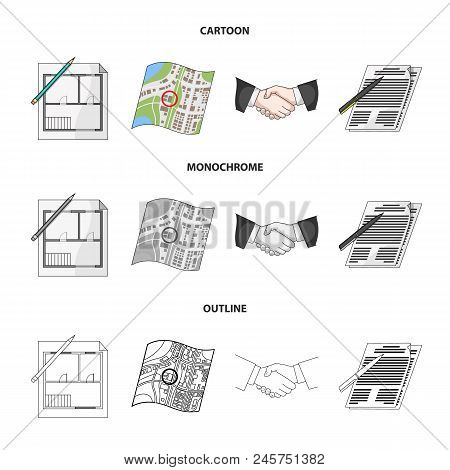 House Plan, Documents For Signing, Handshake, Terrain Plan. Realtor Set Collection Icons In Cartoon,