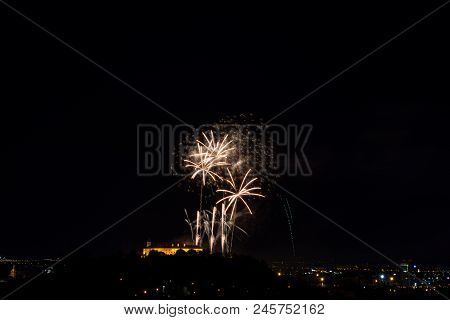 Beautiful colorful firework in city Brno on Spilberk