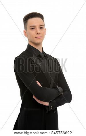 Groom In Fashion Suit With Arms Crossed Isolated On White Background. Ballroom Dancer In Stylish Tux