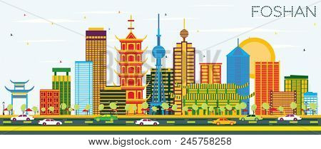 Foshan China Skyline with Color Buildings and Blue Sky. Business Travel and Tourism Concept with Modern Architecture. Foshan Cityscape with Landmarks.