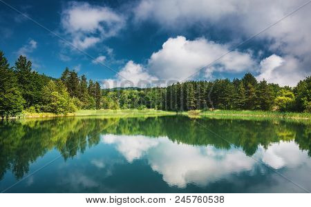 Panoramic View On Mountain Lake. Natural Background.