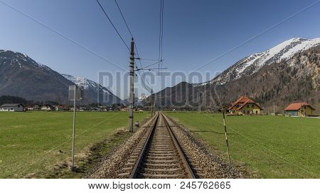 Railway Track Near Ebensee In Spring Nice Morning With Blue Sky