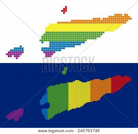 Dotted Lgbt East Timour Map Variants. Vector Geographic Plans In Lgbt Flag Colors With Vertical And 