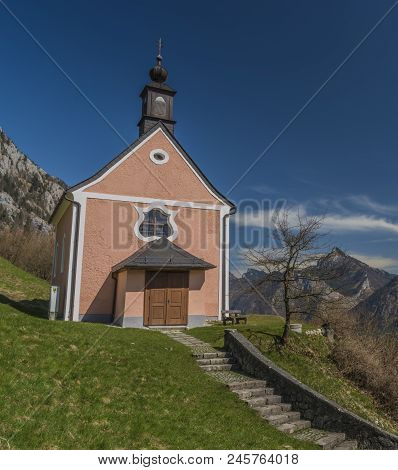 Chapel Over Ebensee Town With Nice Blue Sky And Mountains