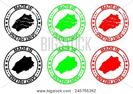 Made In Saint Helena - Rubber Stamp - Vector, Saint Helena Island Map Pattern - Black, Green And Red