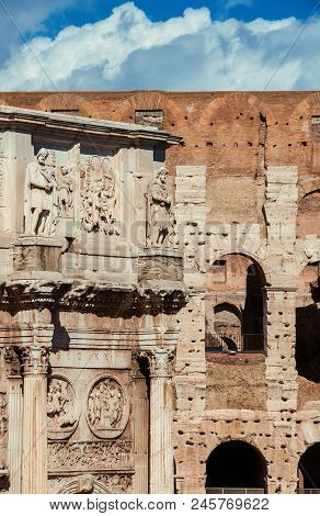 Antiquities, Archeology And Vistiges Of The Past In Rome. Coliseum Monumental Arches And Arch Of Con