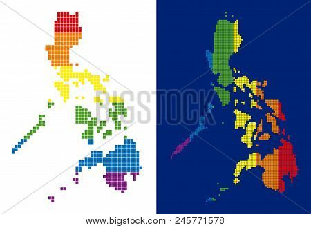 Dotted Lgbt Philippines Map Variants. Vector Geographic Maps In Lgbt Flag Colors With Vertical And H