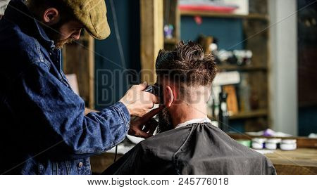 Barber With Clipper Trimming Hair Of Client, Rear View. Working Process Concept. Barber With Hair Cl