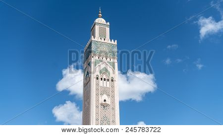 Casablanca, Morocco -april 2018: The Minarette Of The Hassan Ii Mosque In Casablanca, Morocco. It Is