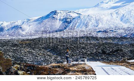 Tourist Walk In Iceland Volcanic Landscape Moutnian Background