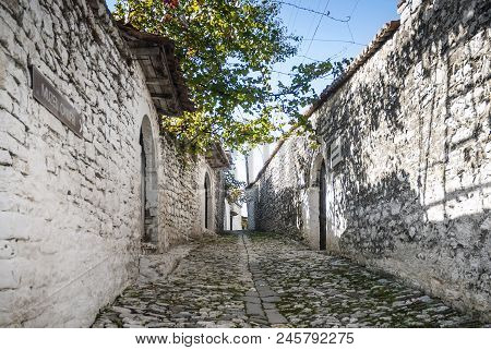 Cobbled Street In Berat Old Town In Albania