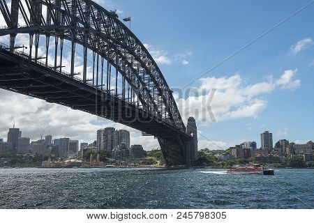 Sydney, Australia - March 24, 2018: Sydney Harbour Bridge And Cityscape With Barangaroo Office And R
