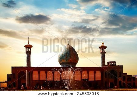 Mausoleum Shah Cheragh At Sunset - Is A Holy Place For The Iranian People. Shah Cheragh Was Built In