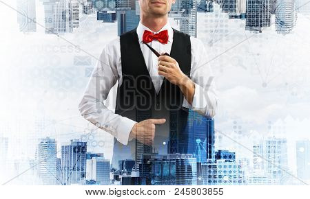 Confident And Young Businessman In Smart-casual Wear Smoking Pipe And Modern Cityscape With Business