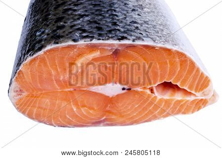 Fresh Salmon Steak Isolated On The White Background. Salmon Red Fish Steak. Large Pile Of Trout Stea