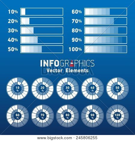 Set Of  White And Blue Percentage Charts For Infographic, 10  20  30  40  50  60  70  80  90  100 Pe