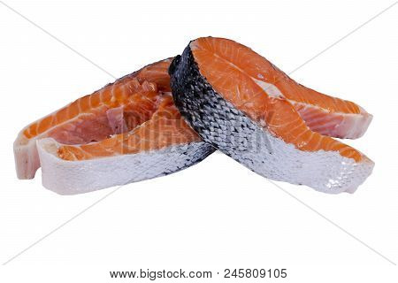 Fresh Salmon Steak Isolated On The White Background. Salmon Red Fish Steak. Large Pile Of Trout Stea