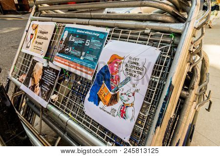 London May 2018. A View Of Protest Signs For Julian Assange Outside The Ecuadorian Embassy In London
