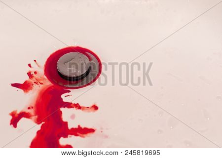 Bleeding Blood On White Floor Of Sink In Bathroom