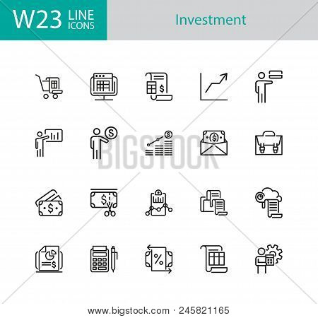 Investment Icons. Set Of Twenty Line Icons. Report, Accounting, Insurance. Finance Concept. Vector I
