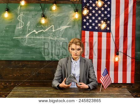 Economy And Finance. Patriotism And Freedom. American Education Reform At School In July 4th. Income