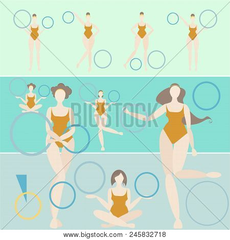 Rhythmic Gymnastics Hoop Woman Vector Set, In Sienna Swimwear . Vector Illustration , Blue Turquoise