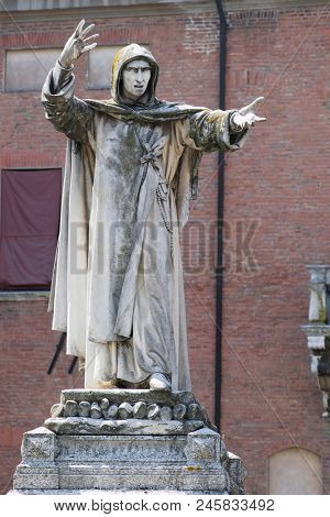 Ferrara, Italy - June, 10, 2018: monument of Girolamo Savonarola in Ferrara