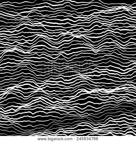 Texture Made Of Wavy White Line With Variable Width On Black Background. Vector Line Noise.