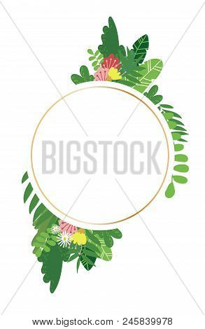 Geometric Botanical Vector Design Frame. Various Plants, Leaves And Flowers In A Cricle Golden Wire 