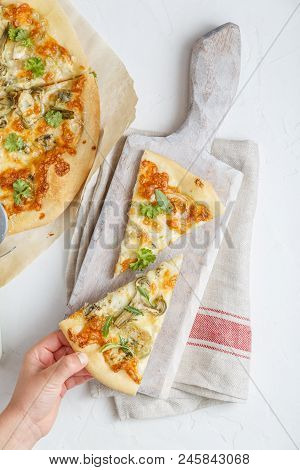 Child Had Take Piece Of Pizza With Articholke, Top View, White Background
