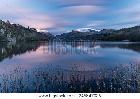 Llyn Padarn In Winter With Snow Covered Mountain, Snowdonia National Park