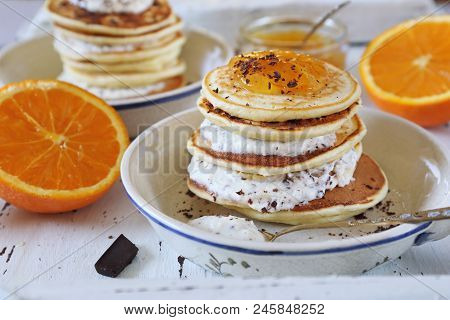 Ricotta Pancakes With Orange Jam And Chocolate, Two Servings