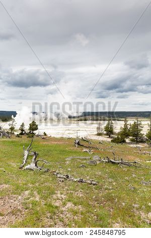Steamy Geyser In Hydrothermal Systems Of Yellowstone National Park, Wyoming, Montana, Idaho, Usa