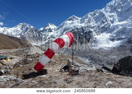 Red And White Windsock In Gorak Shep, Everest Base Camp Trek, Nepal