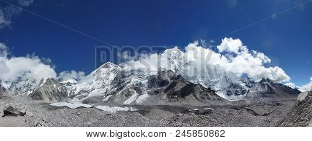 The Himalayan Everest Range With Blue Sky And Clouds, Seen From The Everest Base Camp Trek, Nepal