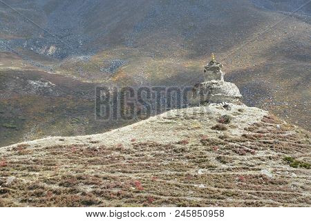 Ancient Stupa In Dingboche, With Prayer Flags, Everest Base Camp Trek, Nepal