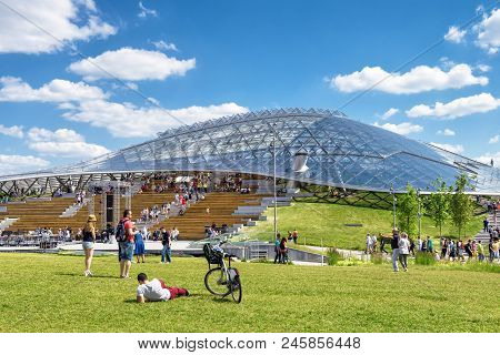 Moscow - June 17, 2018: Modern Amphitheater With Glass Dome In Zaryadye Park Near Moscow Kremlin, Ru